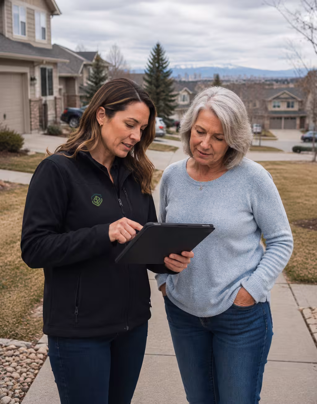 EcoShield reviewing storm inspection findings with a homeowner