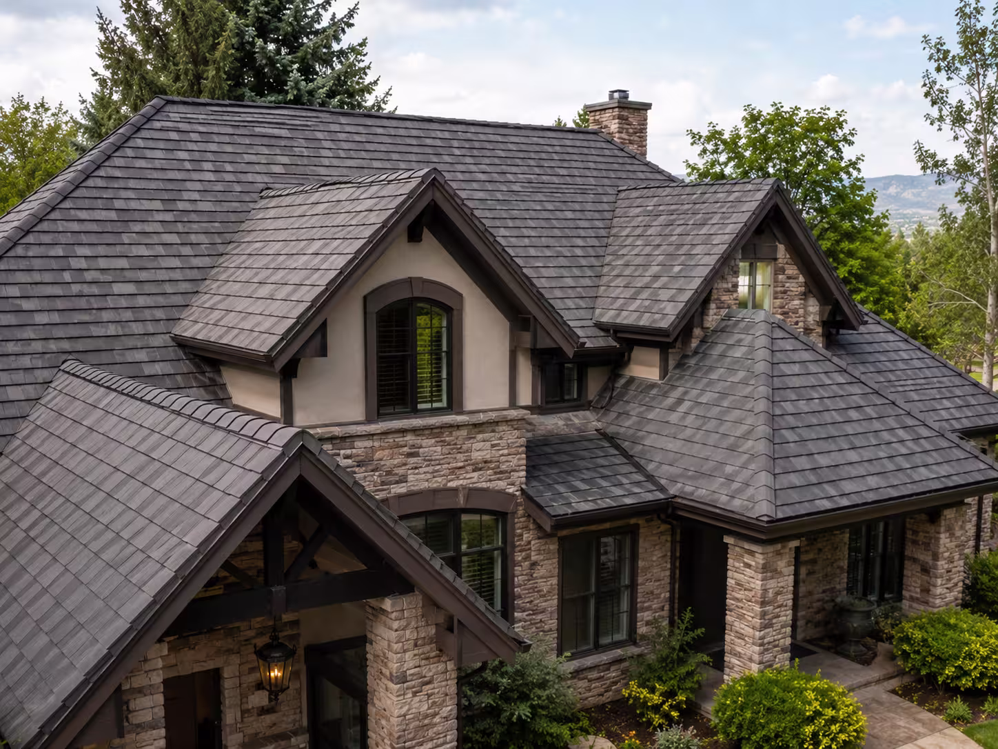 Colorado home with specialty synthetic roofing shingles