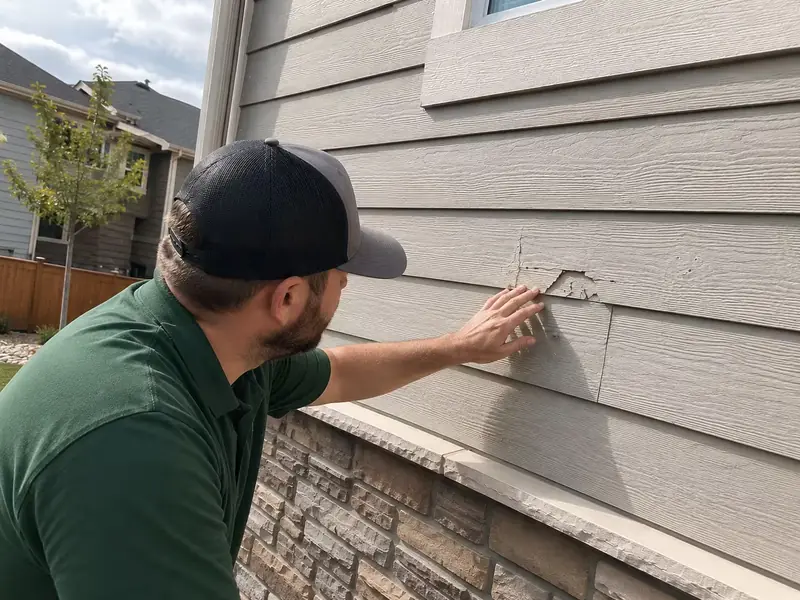 EcoShield technician inspecting home siding for storm damage in Colorado